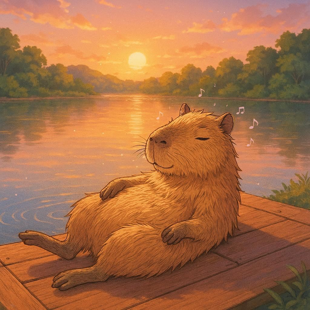 Anime-style illustration of a relaxed capybara lounging on a wooden deck by a tranquil lake at sunset. Wide-angle view with soft ambient light, warm golden tones reflecting on water, lush greenery in the background, delicate ripples around the deck, and tiny floating music notes for a whimsical touch. Add intricate fur details, dreamy pastel gradients, and subtle lens flare for a serene, cozy vibe.
